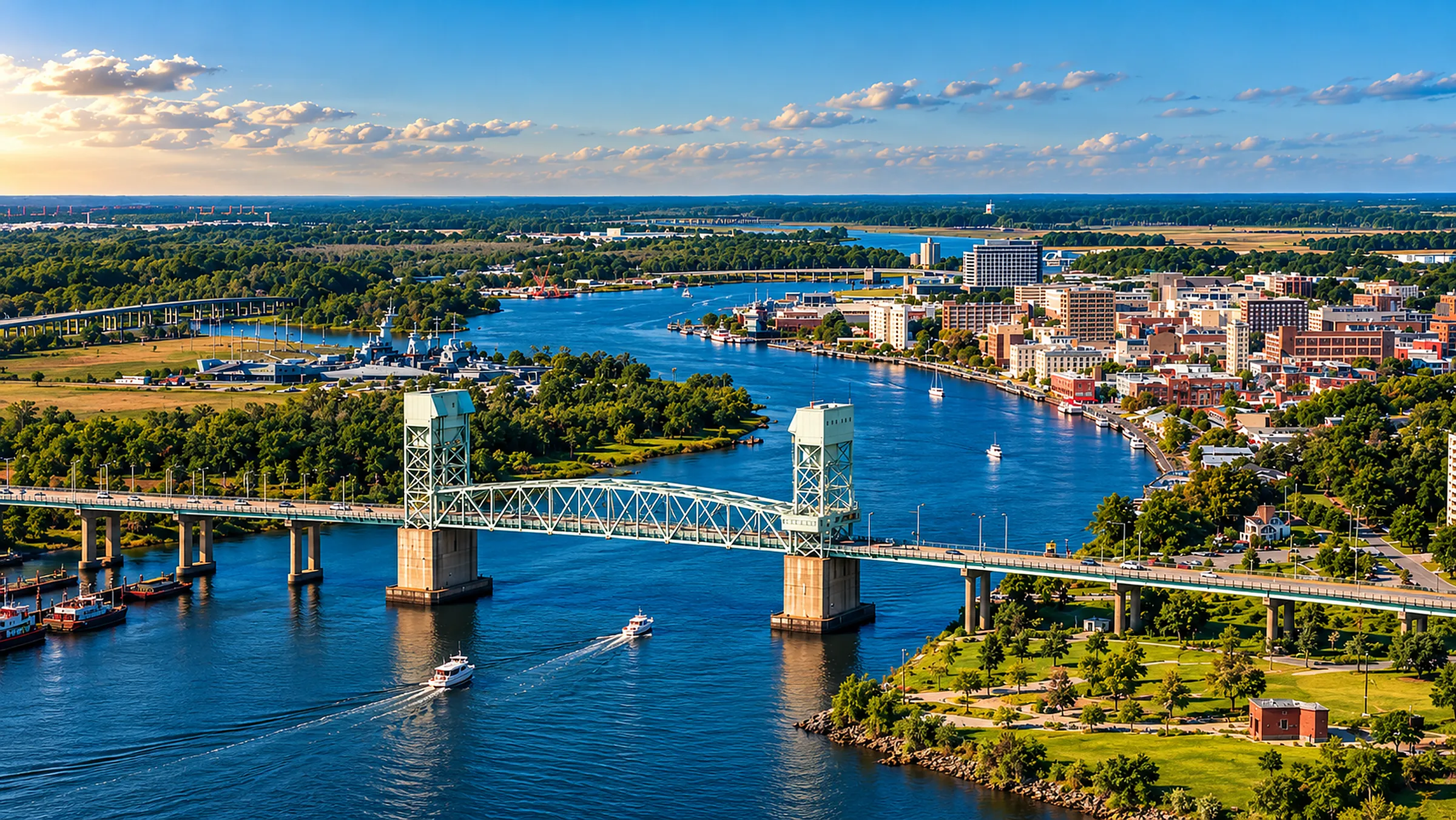The Cape Fear River, the Cape Fear Memorial Bridge and the city of Wilmington, North Carolina